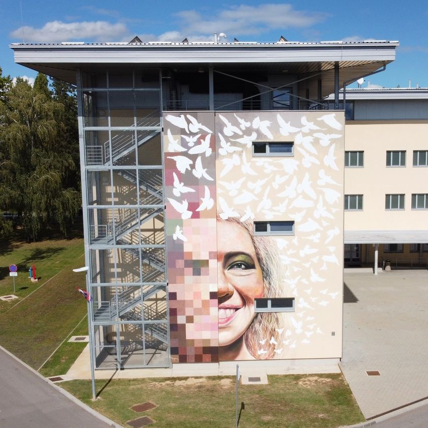 'Future Freedom', a mural by artist Eugen Varzić, on the facade of a war memorial centre